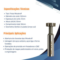 fresa woodruff 16.5mmx5x56xh12 dentes cruzados - 1 unidade