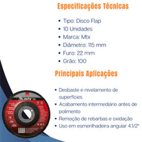 Disco Desbaste Tipo Flap Grão 100 115mmx22mm Mtx - 10 Pçs